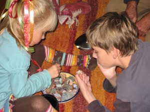 Er is een schaal met ruwe half edelstenen uitgezocht